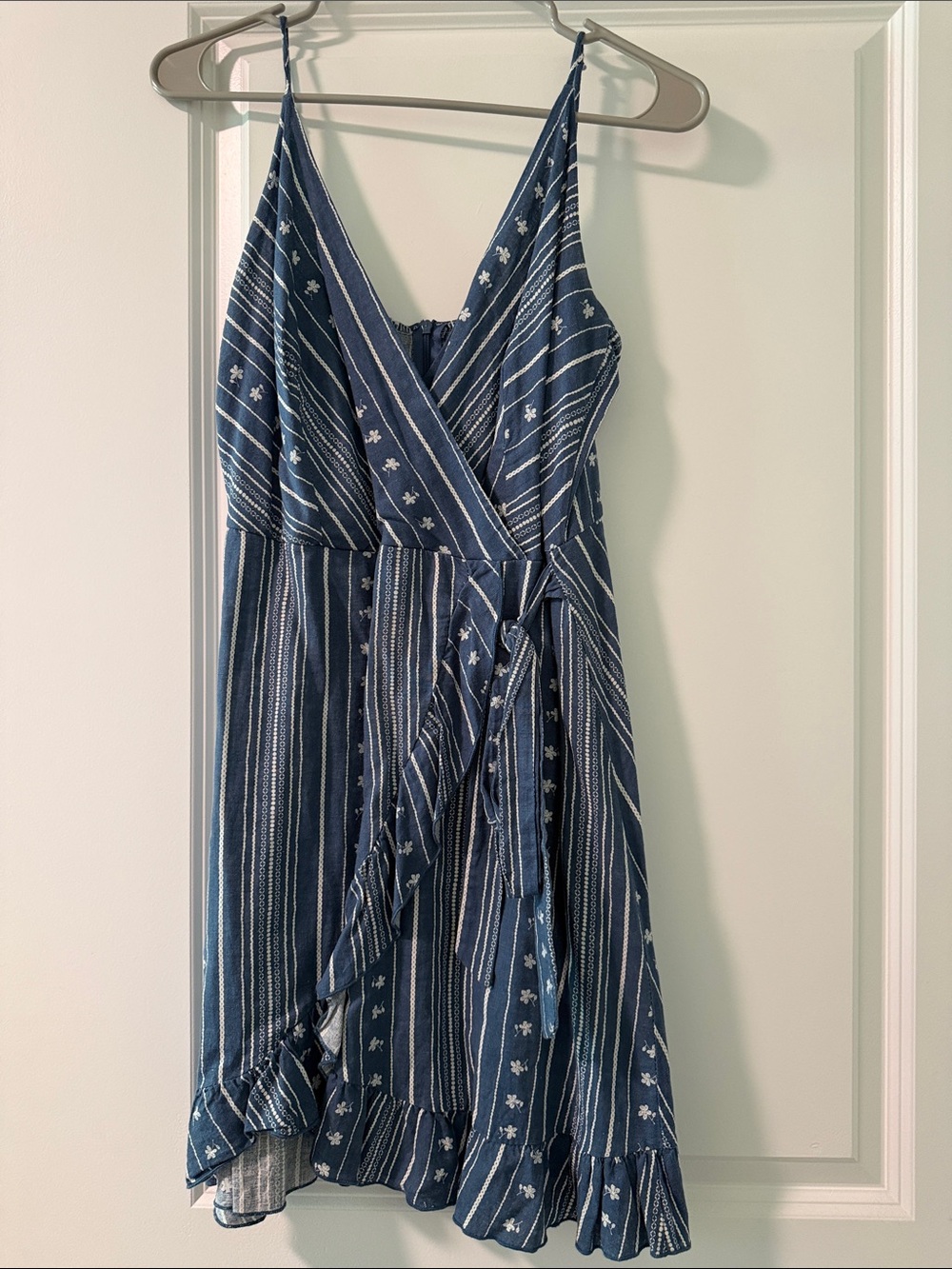 Sage Blue Striped Wrap Mini Dress with Floral Detail